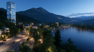 Modern Skyscraper Overlooking A Scenic Mountain Lake At Twilight