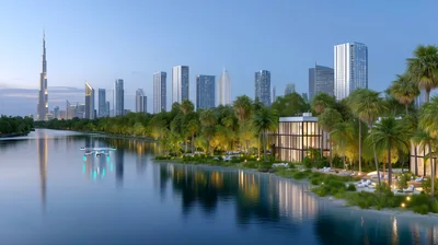 Futuristic Drone Flying Over Dubai Waterfront Luxury Resort