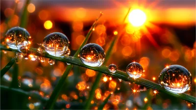Dew Drops On Grass Blade At Sunrise