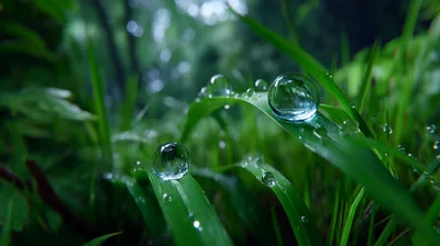 Dew Drops On Green Grass Blades In Nature