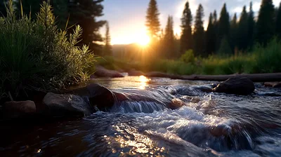 Golden Hour Sunlight Over A Flowing Mountain Stream