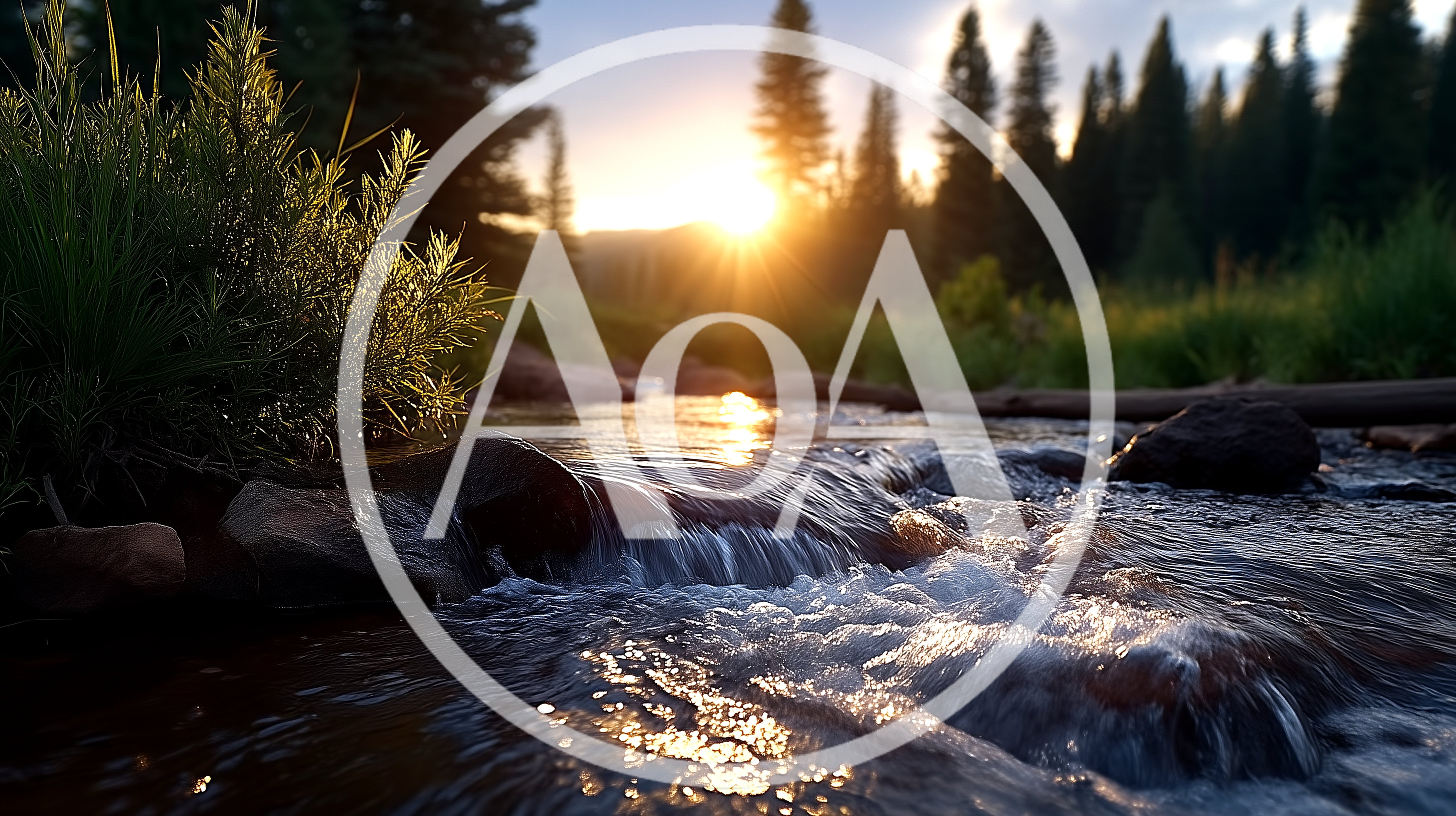 Golden Hour Sunlight Over A Flowing Mountain Stream