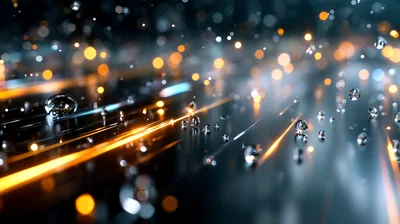 Abstract Raindrops On Reflective Surface With Bokeh Lights