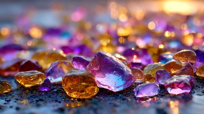 Macro View Of Colorful Translucent Gemstones On Dark Surface