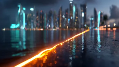 Glowing Orange Light Trail Along Wet City Waterfront