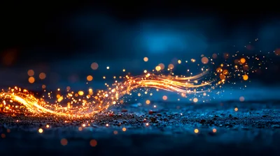 Golden Light Particles Flowing Over Dark Textured Surface