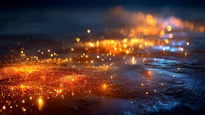 Golden Glowing Particles Floating Over Dark Textured Surface