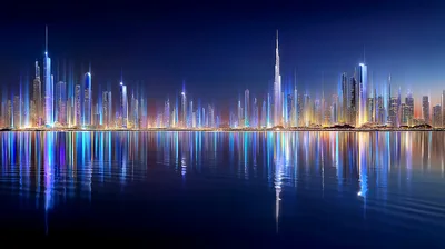 Dubai Skyline Night View With Water Reflection