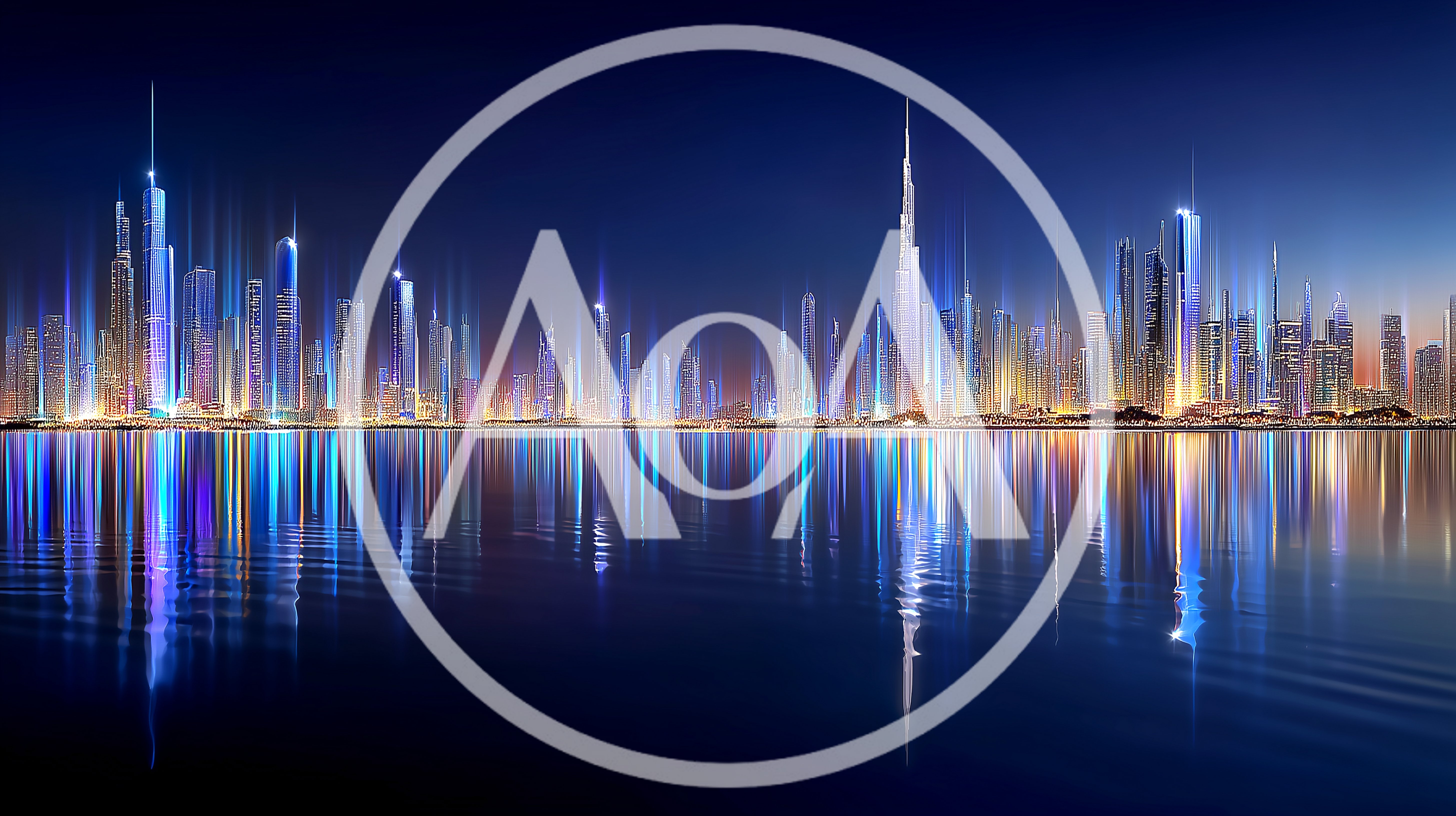 Dubai Skyline Night View With Water Reflection