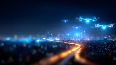 Futuristic Drones Flying Over A Glowing City At Night