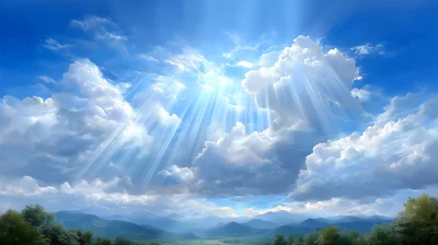Sunlight Beams Breaking Through Clouds Over Mountain Landscape