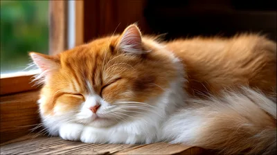 Fluffy Ginger Cat Sleeping On A Wooden Windowsill
