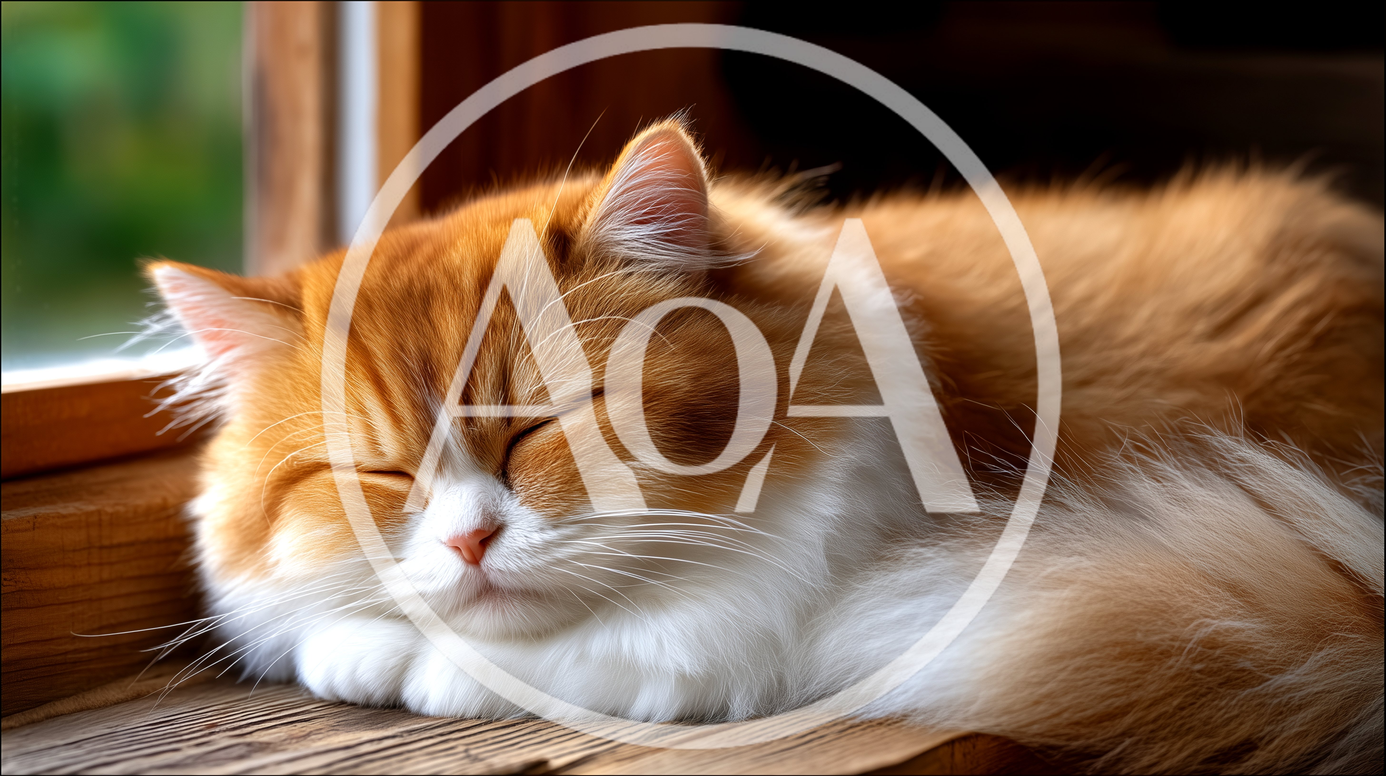 Fluffy Ginger Cat Sleeping On A Wooden Windowsill