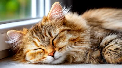 Fluffy Tabby Cat Sleeping Peacefully On A Windowsill