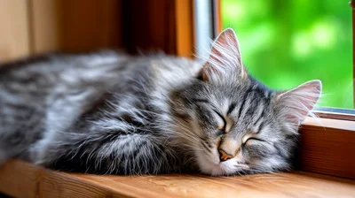 Sleeping Fluffy Grey Tabby Cat on Wooden Windowsill
