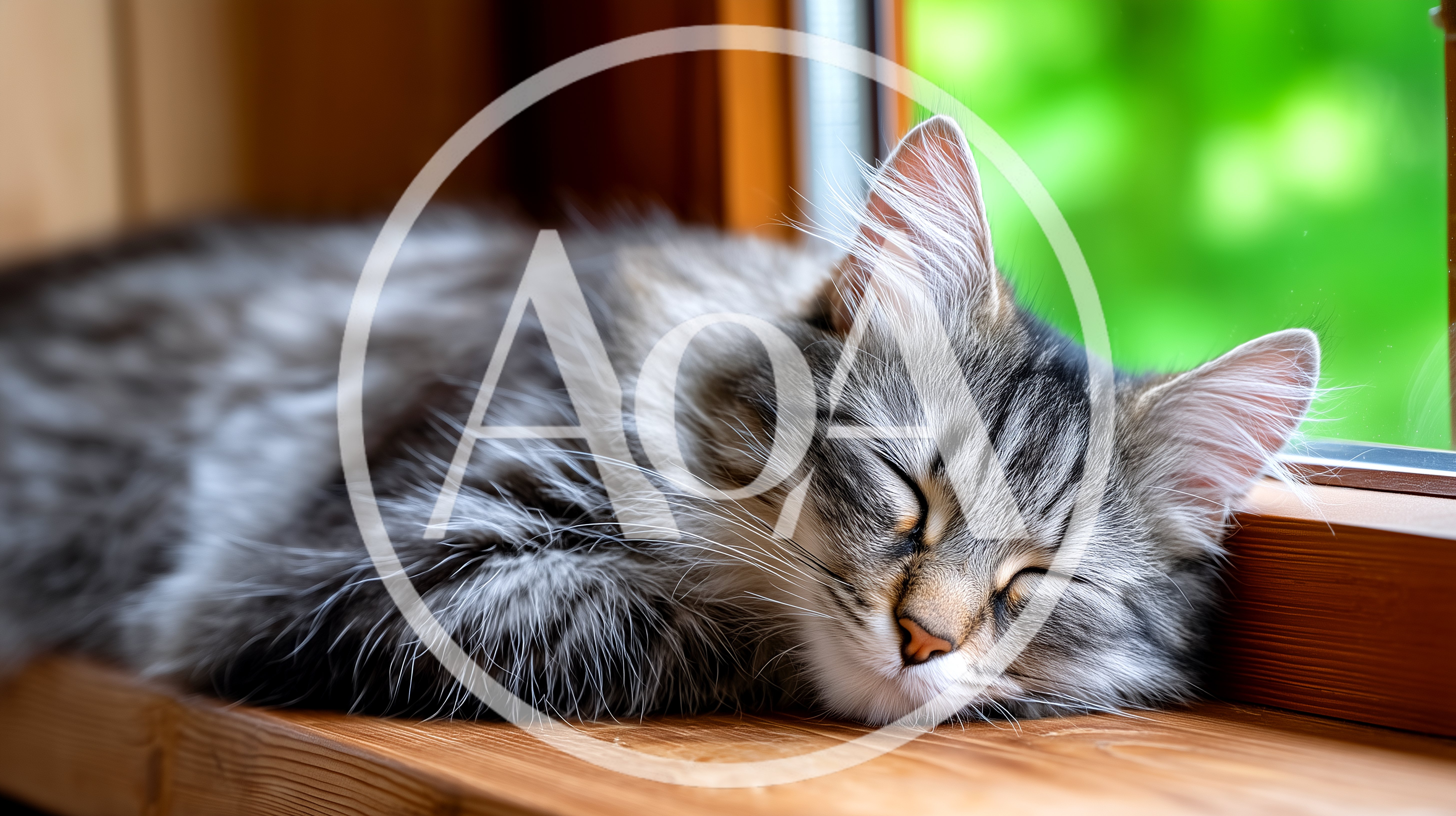 Sleeping Fluffy Grey Tabby Cat on Wooden Windowsill