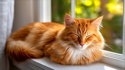 Fluffy Ginger Cat Sleeping On A Sunny Windowsill