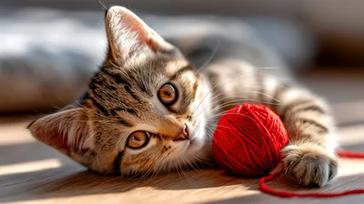 Cute Tabby Kitten Playing With Red Yarn Ball