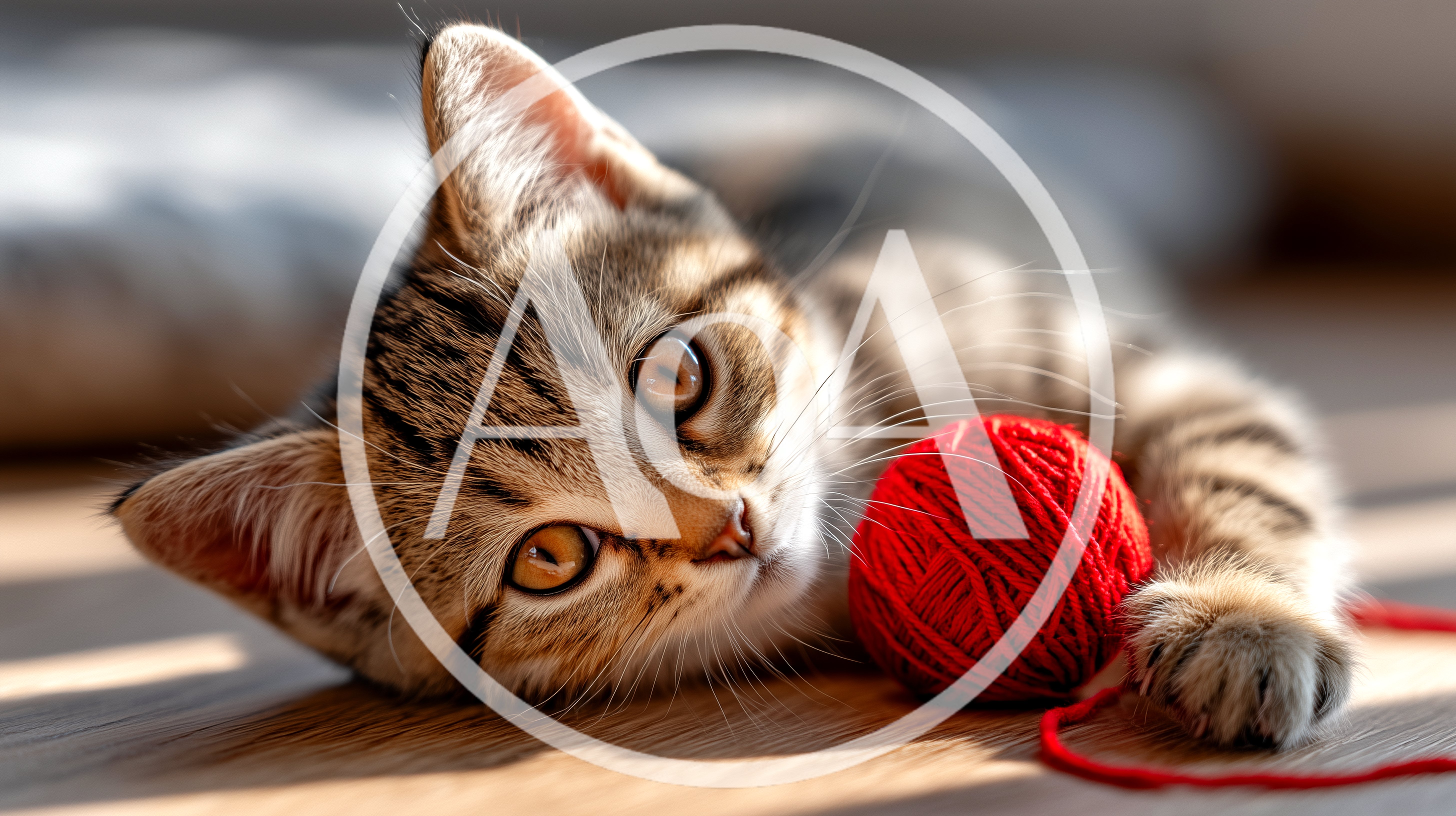 Cute Tabby Kitten Playing With Red Yarn Ball