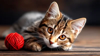 Cute Tabby Kitten Playing With Red Yarn Ball