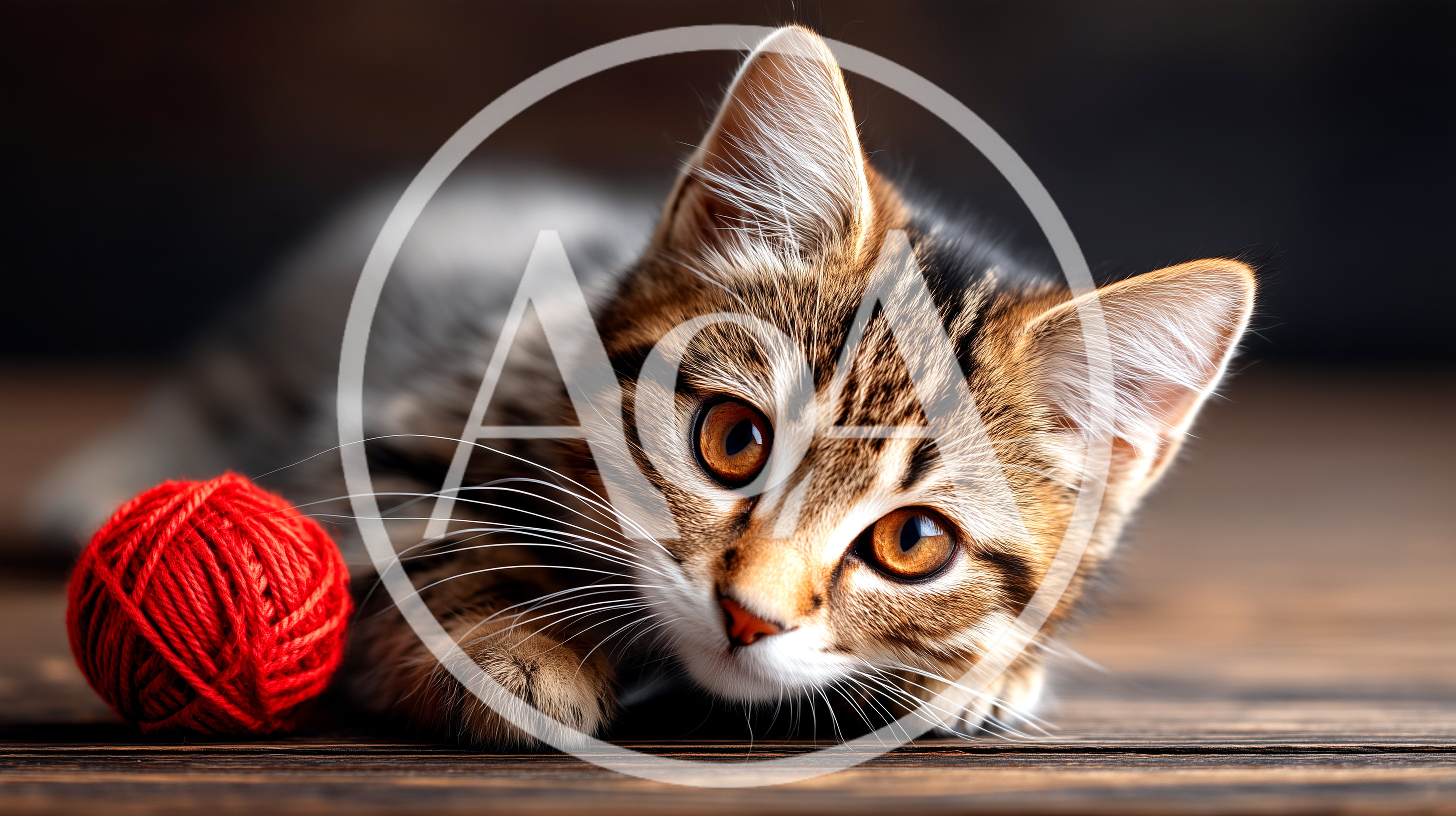 Cute Tabby Kitten Playing With Red Yarn Ball