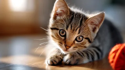 Adorable Tabby Kitten Resting On Wooden Floor