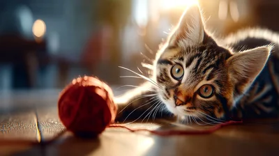 Tabby Kitten Playing With Red Yarn Ball