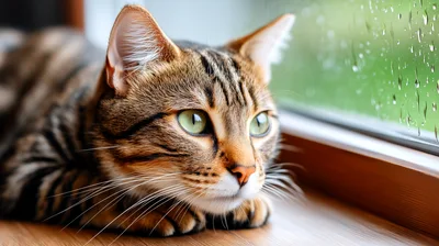 Tabby Cat Resting By A Rainy Window