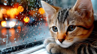 Tabby Kitten Looking Through Rainy Window