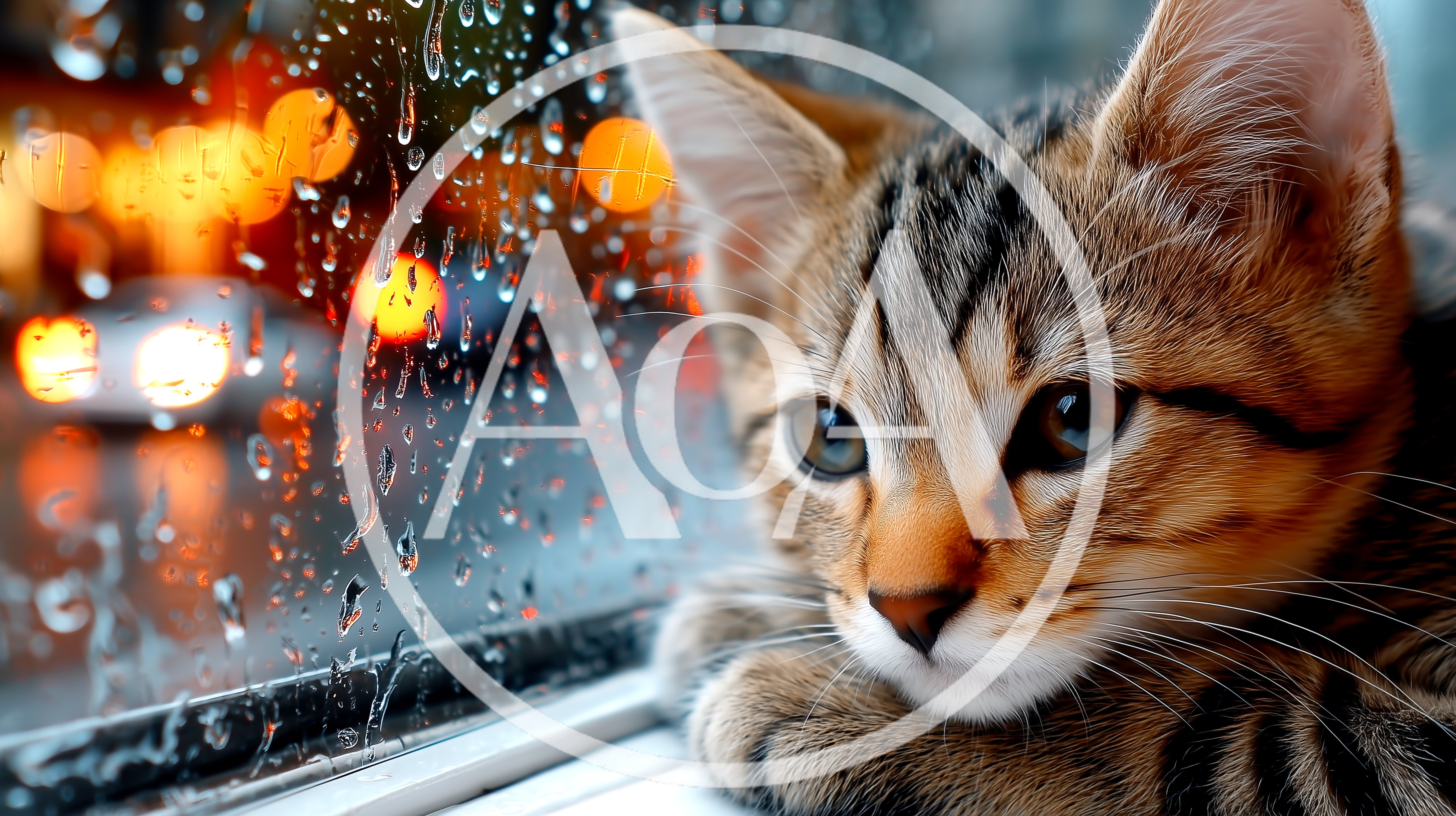 Tabby Kitten Looking Through Rainy Window