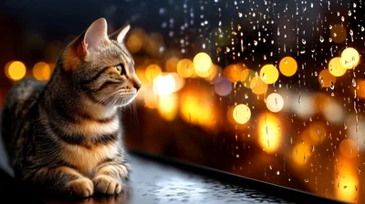 Tabby Cat Sitting By A Rainy Window At Night