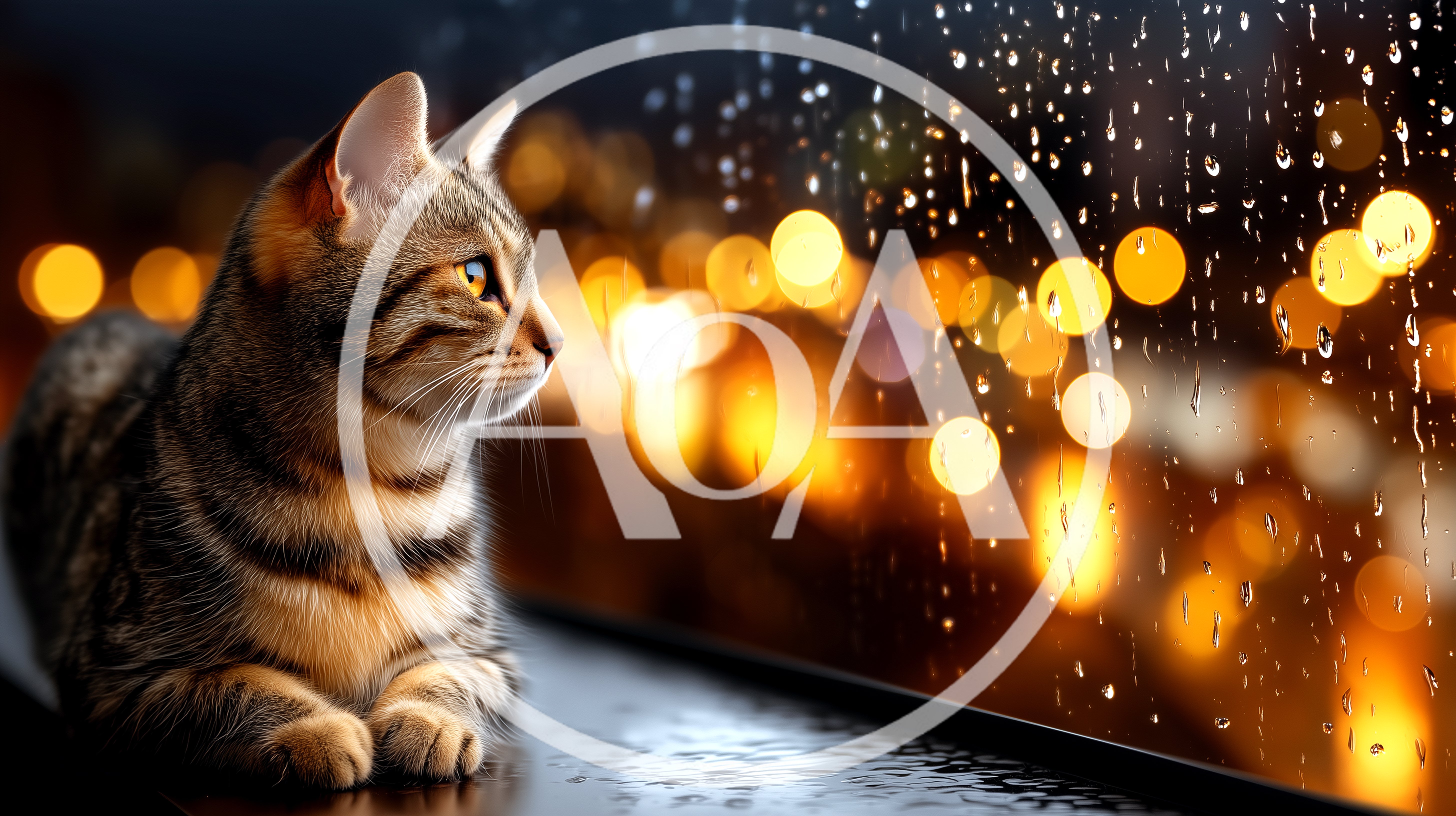 Tabby Cat Sitting By A Rainy Window At Night