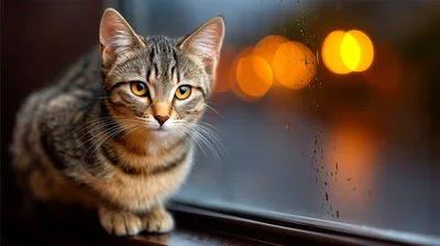 Tabby Cat Sitting By A Rainy Window