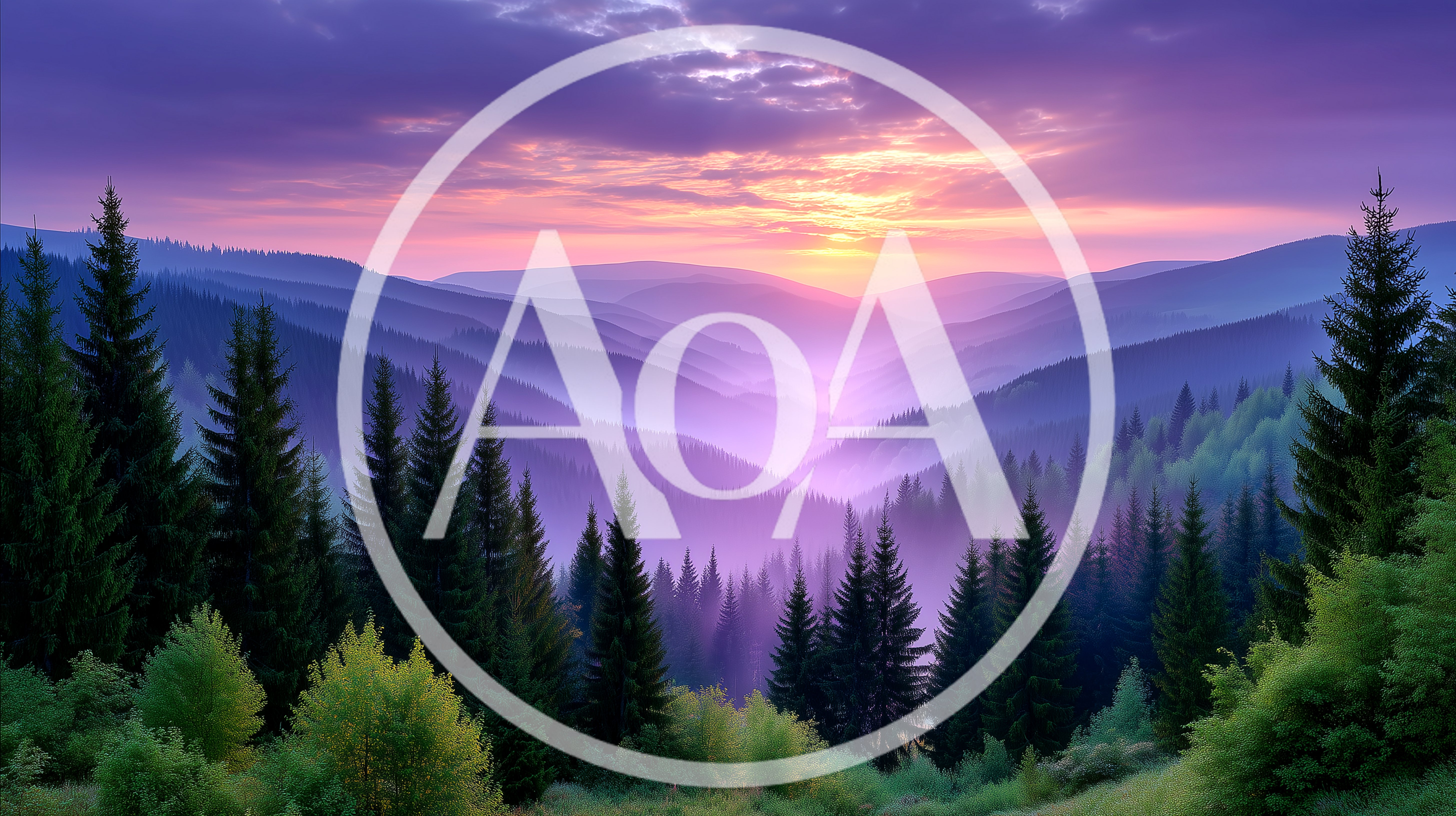 Purple Sunset Over Misty Mountain Forest Valley