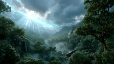 Sunlight Beaming Through Clouds Over A Lush Forest Valley