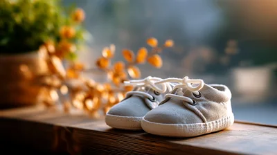Pair Of Tiny Baby Shoes On Wooden Surface