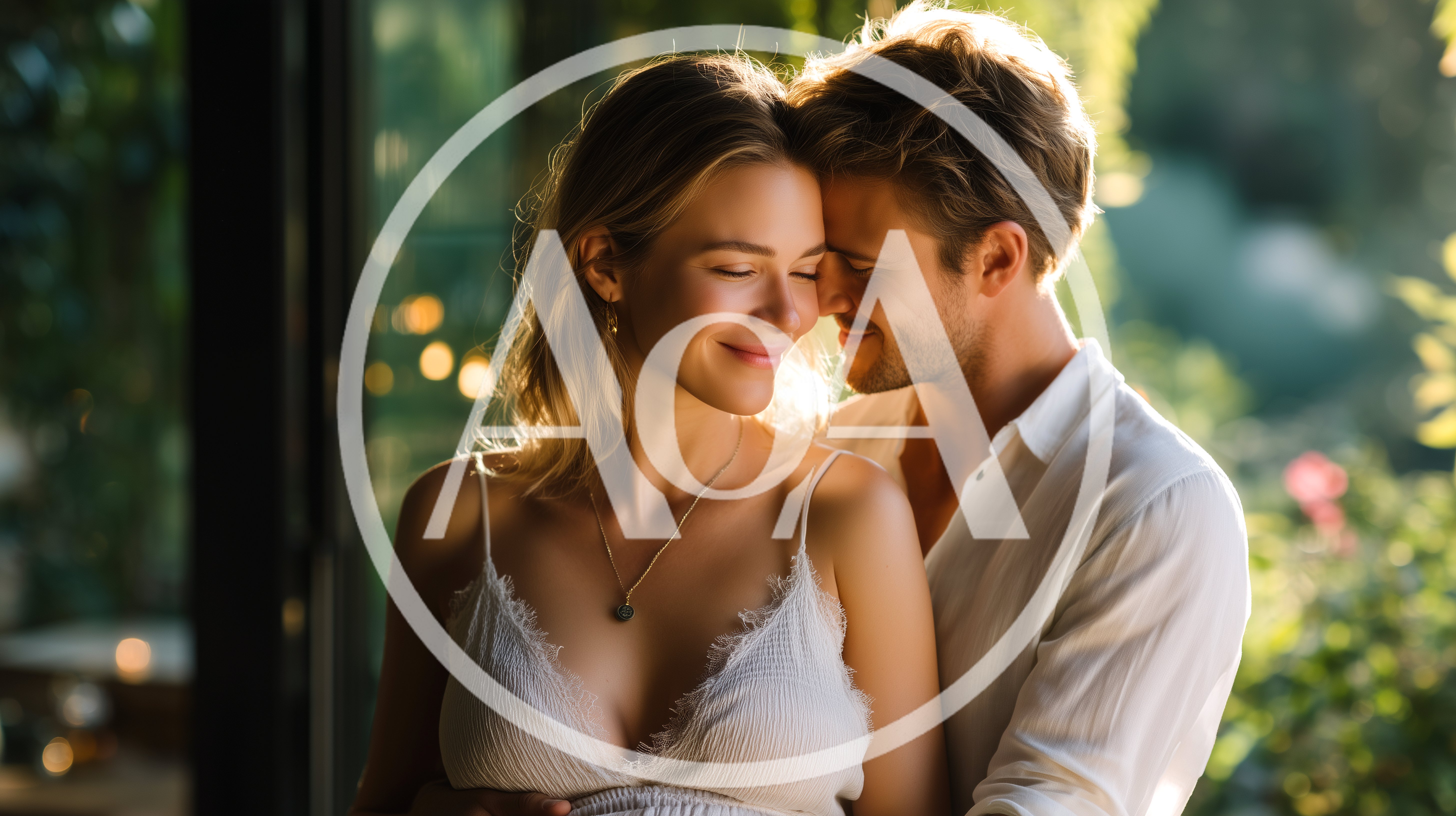 Romantic Couple Embracing In Warm Golden Hour Sunlight