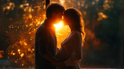 Pregnant Couple Embracing In Warm Golden Hour Sunlight