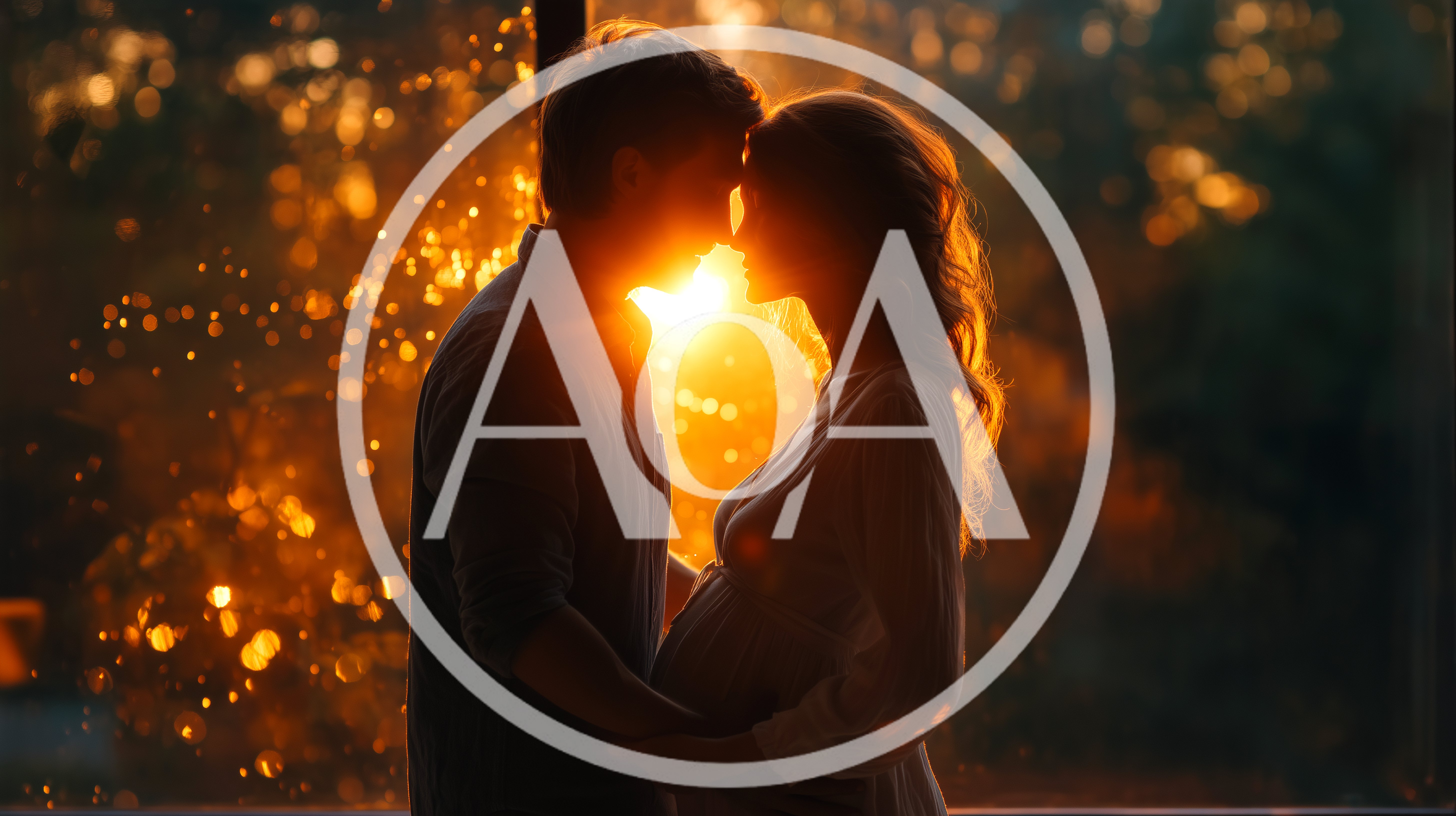 Pregnant Couple Embracing In Warm Golden Hour Sunlight