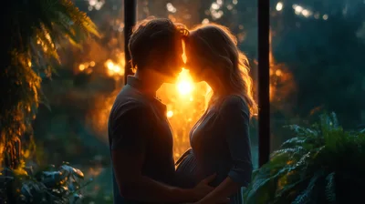Pregnant Couple Embracing In Warm Sunset Light