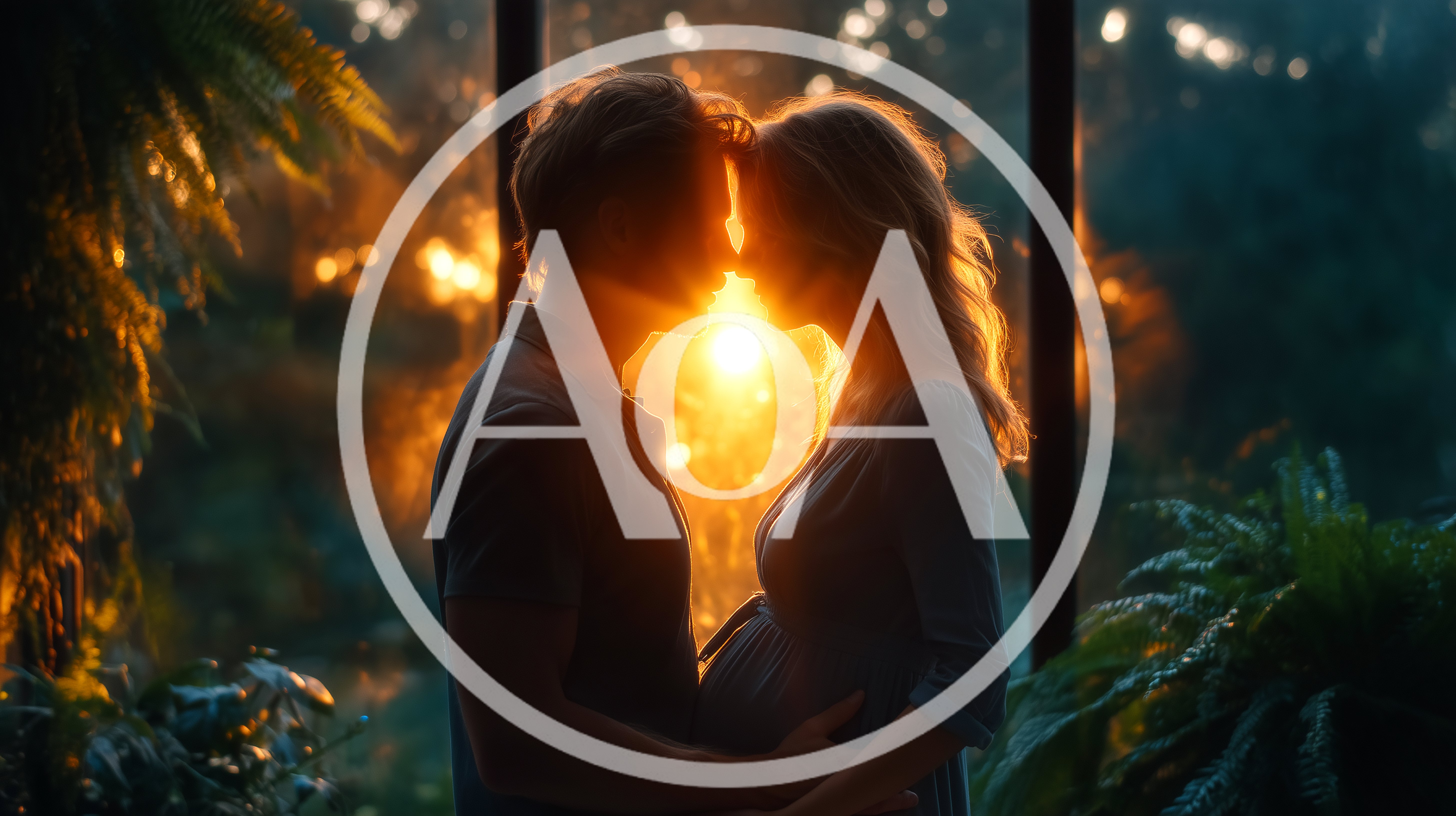 Pregnant Couple Embracing In Warm Sunset Light
