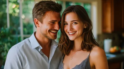 Happy Couple Smiling Together In A Bright Kitchen