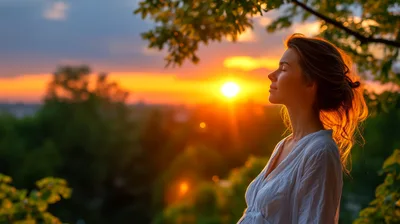 Woman Enjoying Sunset Outdoors In Nature
