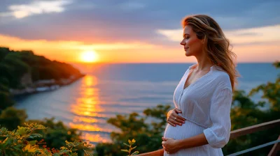 Pregnant Woman Standing On A Balcony At Sunset