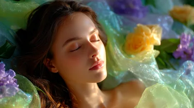 Young Woman Resting Amidst Flowers And Sheer Fabric