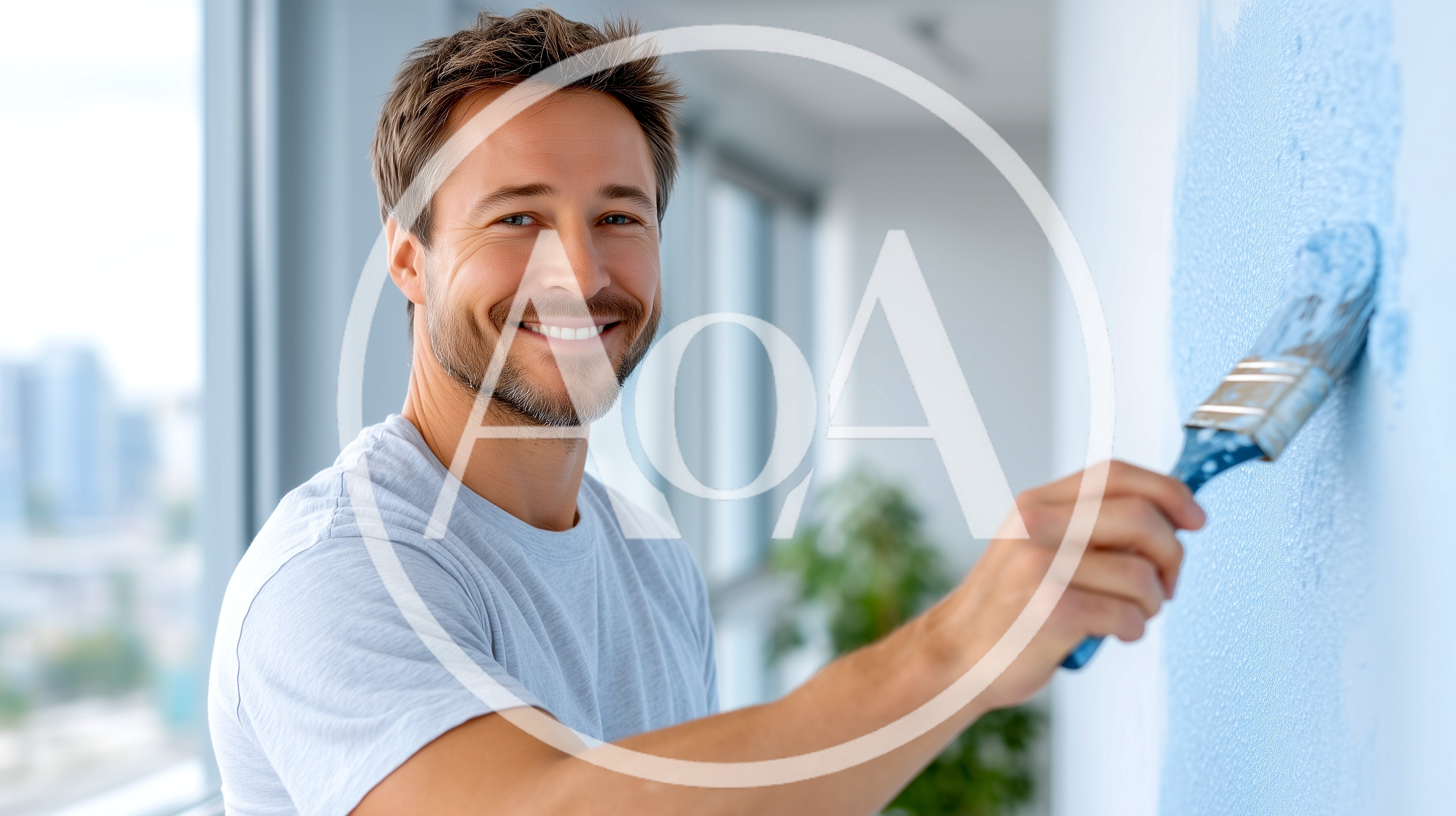 Smiling Man Painting Wall With Blue Paint