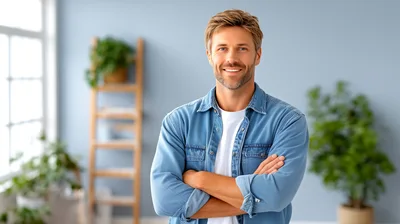 Smiling Man Standing With Arms Crossed In Bright Office