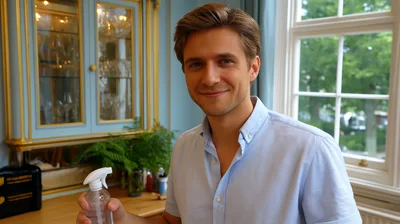 Young Man Holding Spray Bottle In Kitchen