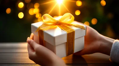 Hands Holding A Gift Box With Golden Ribbon