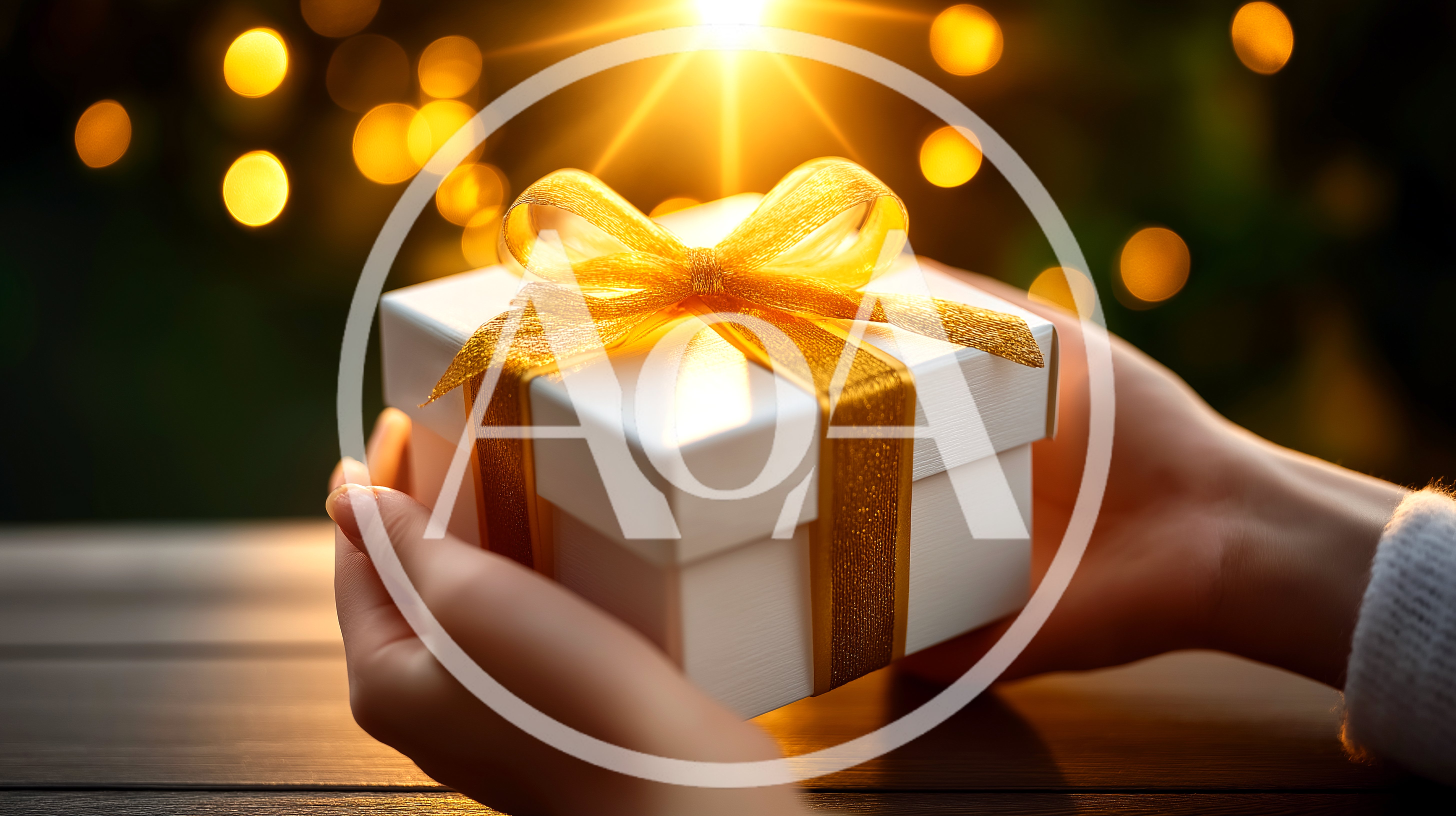Hands Holding A Gift Box With Golden Ribbon